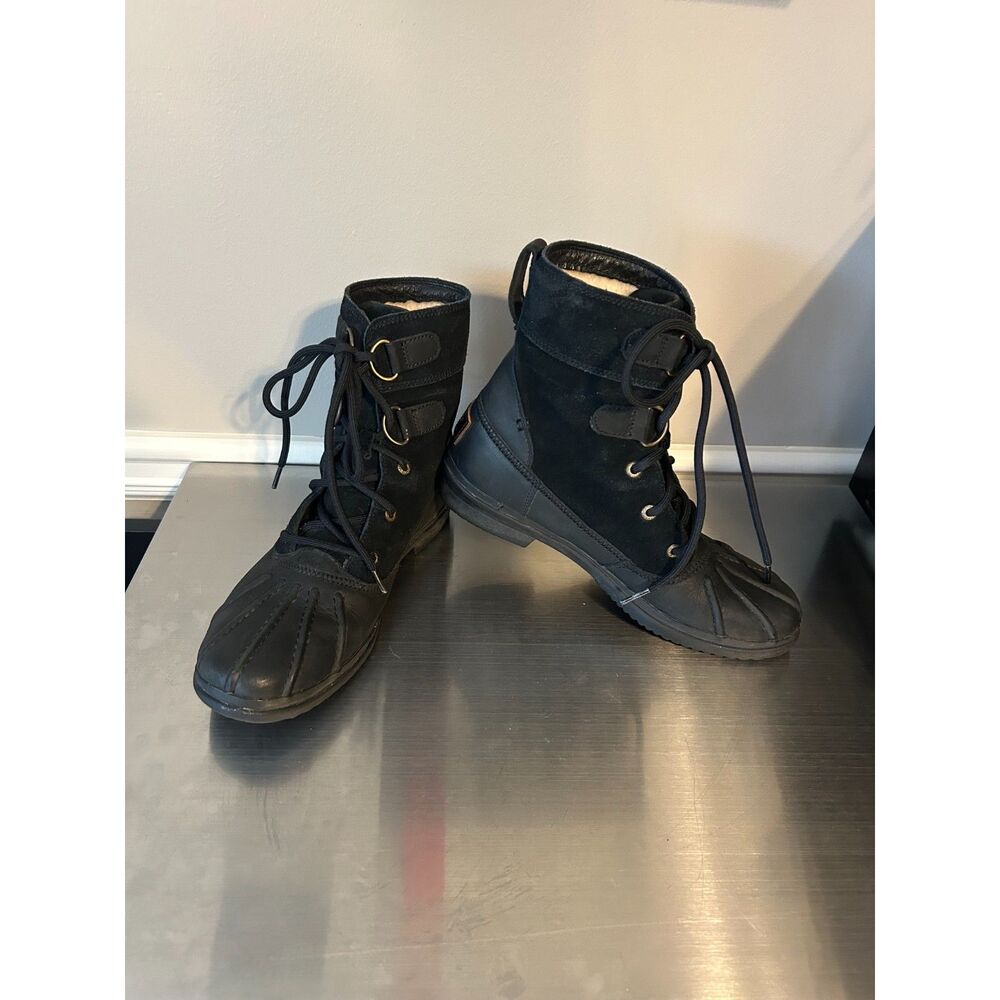 UGG Azaria Black Waterproof Leather Suede Duck Boots Women's Size 8.5